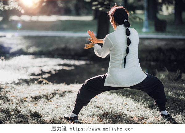在公园里做太极的女人在公园里练习太极拳的妇女